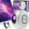 A product shot of a star projector with a nebula-like background, including the product packaging, a remote control, and a power adapter. Podgląd zdjęcia produktu