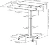 A technical drawing with dimensions of a mobile, height-adjustable standing desk. Voir les images du produit