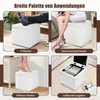 A collage of four images showing a white ottoman in different uses: as a footrest, a shoe-changing stool, a step stool, and a storage box. Podgląd zdjęcia produktu