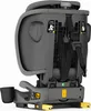 The back view of a gray child car seat with straps and labels. Produktbild-Vorschau