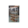 A metal shelving unit with wooden planks on each shelf, some stacked on top of each other. There are also some cardboard boxes on the top shelf. Náhled obrázku produktu