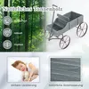 A collage showing a wooden wagon planter in a forest setting, with feature callouts and inset images of a sleeping child and wood grain. Voir les images du produit