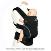 A black baby carrier is shown on a mannequin, with a doll representing a baby inside. Produktbild-Vorschau