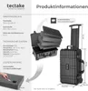 A product information graphic for a tectake camera case, showing dimensions, technical data, and contents. Produktbild-Vorschau