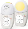 Two Gigaset audio baby monitors are shown side-by-side against a white background. The left unit displays a digital screen showing temperature and battery status, while the right unit features a glowing yellow night light. Produktbild-Vorschau