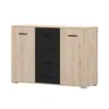 A modern sideboard with a wood-grain finish and black drawer fronts, presented against a white background. Náhľad obrázku produktu