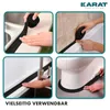 Collage of four images showing a black sealing strip being applied to different bathroom and kitchen fixtures. Produktbild-Vorschau