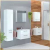 A modern bathroom vanity set with a sink, cabinet, and storage tower. Produktbild-Vorschau