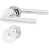 A set of brushed stainless steel door handles and a keyhole escutcheon on a white background. Produktbild-Vorschau