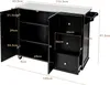 A black kitchen cart with a silver countertop, shown with one door and drawers open, displaying dimensions. Náhľad obrázku produktu