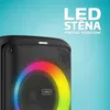 A close-up of a black speaker with a colorful LED light ring, set against a light blue background. Text overlays describe features. Produktbild-Vorschau