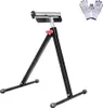 A black metal roller stand with a silver roller and a red adjustment knob, shown against a white background. A pair of gray work gloves is positioned in the upper right corner. Produktbild-Vorschau