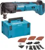 A Makita cordless multi-tool, its storage case, and various accessories are displayed against a white background. Produktbild-Vorschau