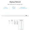 A white stylus pencil with accessories and text describing its features. Produktbild-Vorschau
