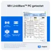 A marketing image showcasing a network cable test report and its features. Produktbild-Vorschau