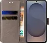 A flip-style phone case with card slots and a banknote, shown open with a smartphone inside. Produktbild-Vorschau
