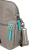 A close-up view of a gray bag with teal zipper pulls and a strap. Produktbild-Vorschau