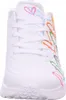 A close-up, front-facing view of a white Skechers sneaker with colorful heart graphics. Voir les images du produit