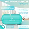A turquoise inflatable barrel is shown in a room with windows, with text overlays describing its features and uses. Produktbild-Vorschau