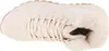 A top-down view of a beige sneaker with white laces and a fluffy white lining. Voir les images du produit