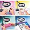 A collage of four images showing different creative activities being performed under a ring light setup. Produktbild-Vorschau