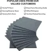 A stack of dark gray acoustic panels is shown, with a list of popular uses for the product displayed above. Produktbild-Vorschau