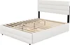 A white upholstered bed frame with a slatted wooden base and a black metal headboard frame, shown against a white background. Produktbild-Vorschau