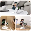 Collage of a white 3-in-1 wireless charging stand for iPhone, Apple Watch, and AirPods, shown in different settings. Produktbild-Vorschau