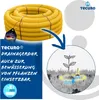 A coiled yellow drainage pipe with a product information graphic next to it, showing a plant being watered. Produktbild-Vorschau