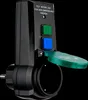 A black electrical adapter with green and blue buttons and a green flap, against a black background. Produktbild-Vorschau