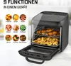 A black air fryer oven with its door open, displaying food inside, with a grid of images showing different cooking functions on the left. Voir les images du produit
