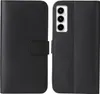 A black flip-style phone case is shown open, displaying the inside and the phone it protects. Produktbild-Vorschau
