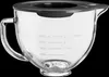 A clear glass mixing bowl with a gray lid and measuring markings on the side. Voir les images du produit