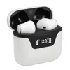 A pair of white wireless earbuds in an open charging case with a digital display showing battery levels. Podgląd zdjęcia produktu
