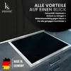 A black induction cooktop with a silver frame is shown on a kitchen counter. Text overlays highlight product features and branding. Anteprima dell’immagine prodotto