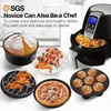 A collage of air fryer accessories and food items, with an air fryer in the background. Produktbild-Vorschau