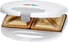 A white sandwich maker with two toasted sandwiches inside. Produktbild-Vorschau