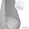 Close-up view of a gray hanging pod chair for children, with a detail of the white filling material shown in a circular inset. Podgląd zdjęcia produktu