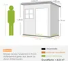 A diagram showing the dimensions of a garden shed, with a silhouette of a person for scale. Produktbild-Vorschau