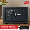 A black safe with a circular fingerprint scanner and the brand name 'ONBEST' is shown on a wooden surface. There is a red banner at the bottom with German text and a graphic of anti-slip feet. In the top right corner, there are four red circular icons labe Produktbild-Vorschau