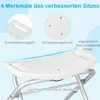 A diagram highlighting the features of a white shower stool with a silver frame. Produktbild-Vorschau