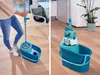 A person is using a mop and bucket system in a home setting, and a separate image shows the mop and bucket system. Produktbild-Vorschau