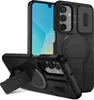 Multiple views of a black smartphone case with a sliding camera cover and a kickstand. Náhled obrázku produktu