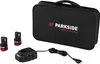 A set of Parkside Performance power tool accessories including two batteries, a charger, and a carrying case, displayed on a white background. Produktbild-Vorschau