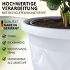 A close-up of a white planter with text overlays highlighting its features. Produktbild-Vorschau