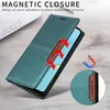 A teal flip wallet phone case is shown open, revealing a phone screen. Red arrows indicate the magnetic closure feature. A small inset shows a detail of the case and a diagram of magnets. Produktbild-Vorschau