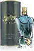 A bottle of Jean Paul Gaultier Le Beau Eau de Toilette and its cylindrical packaging are displayed against a white background. Voir les images du produit
