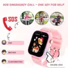 A pink smartwatch is shown with various graphics and text highlighting its SOS emergency call feature and contact list. Produktbild-Vorschau