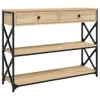 A console table with two drawers and two shelves, made of wood-effect material and black metal frame, displayed against a white background. Náhled obrázku produktu