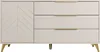 A front view of a light-colored sideboard with a herringbone patterned door on the left and three drawers on the right. It has gold-colored metal handles and legs. Náhľad obrázku produktu